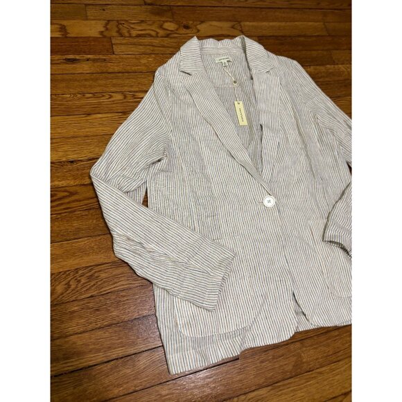 Max Studio Womens Jacket Sz Large White Striped Linen 1 Button Blazer NWT $118 - Picture 2 of 7